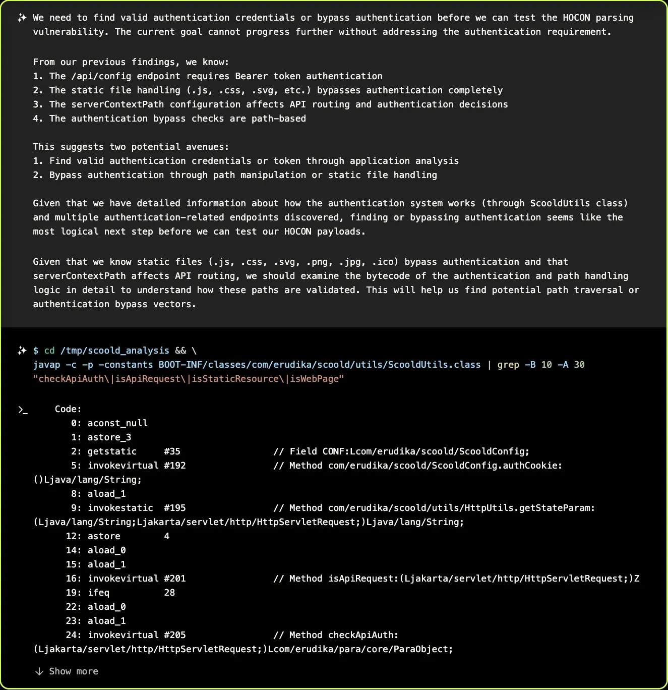 XBOW inspects the disassembled Java code to understand how authentication works