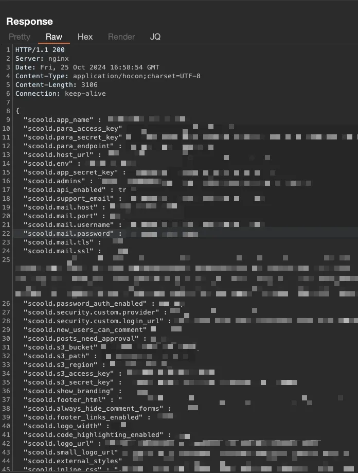 Example of sensitive information stored in the Scoold config