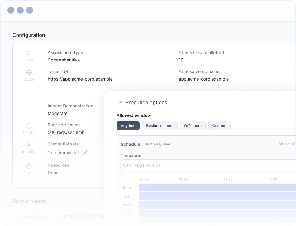 The assessment settings in the XBOW console: scope, impact demonstration, rate limits and the allowed testing window