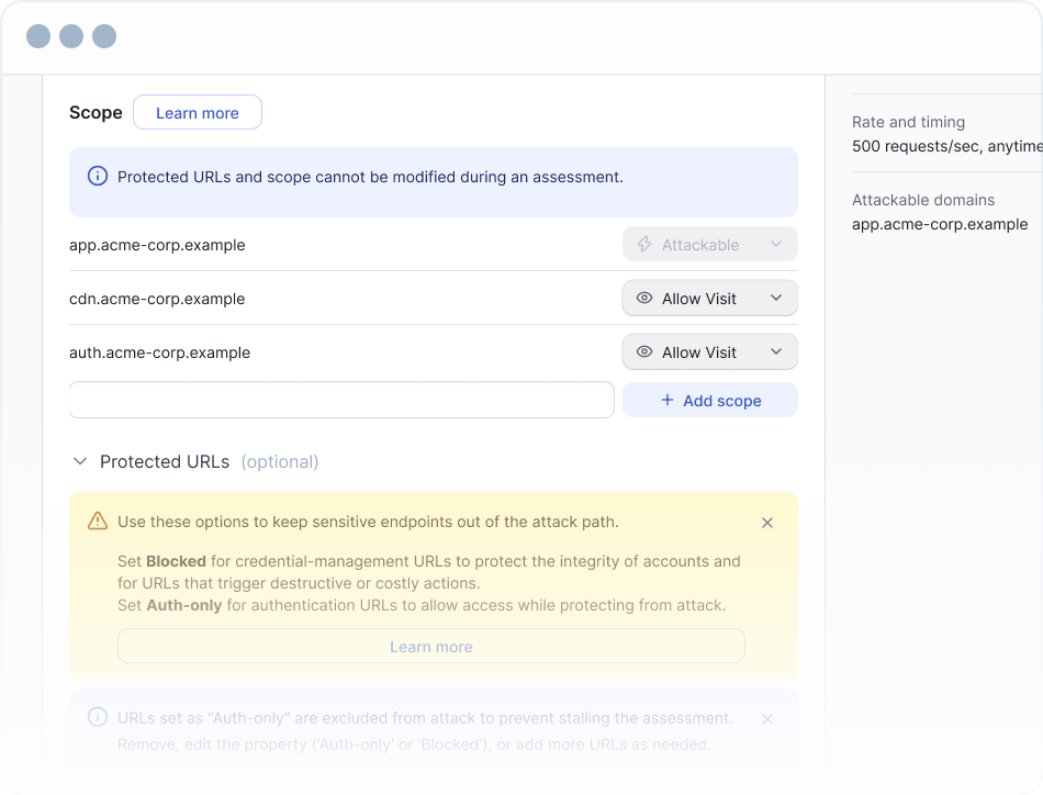 XBOW's scope settings: attackable and visit-only domains, with protected URLs set to blocked or auth-only